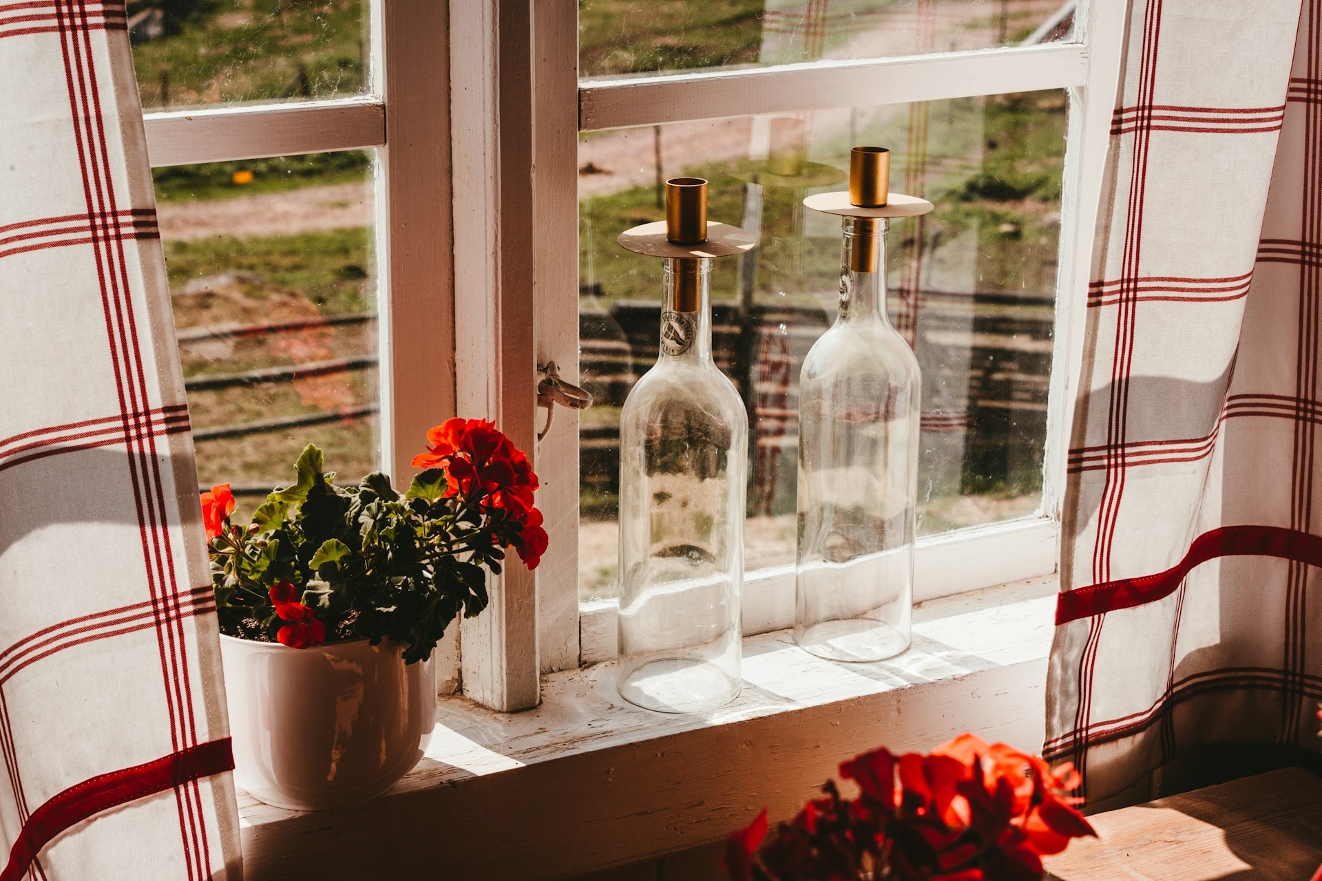 Et solbeskinnet stuehus-vindue med røde pelargonier og glasflasker på karmen