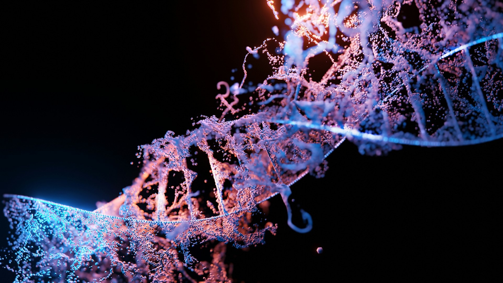 En glødende, abstrakt visualisering af en DNA-dobbeltspiral i blåt og orange lys