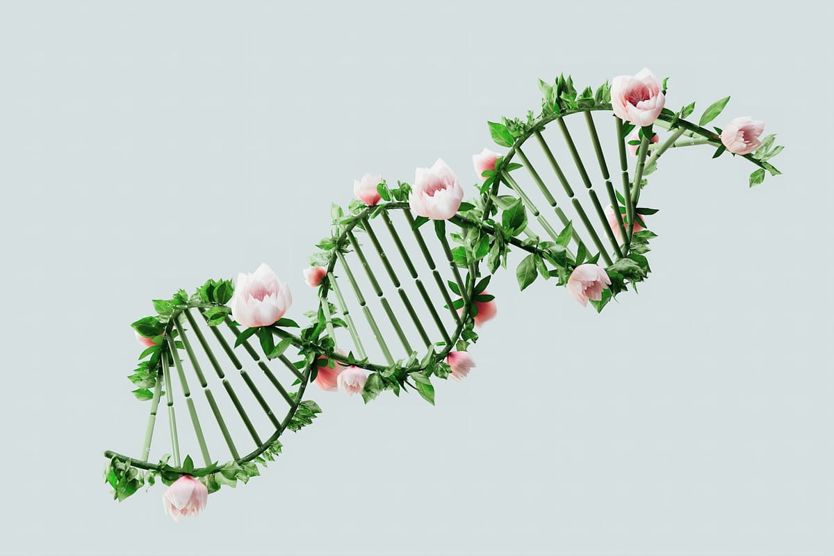 En dna-spiral omkranset af grønne blade og lyserøde blomster mod en lys baggrund